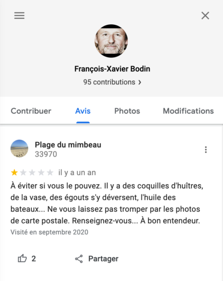 Avis Google de fxbodin sur la plage du Mimbeau