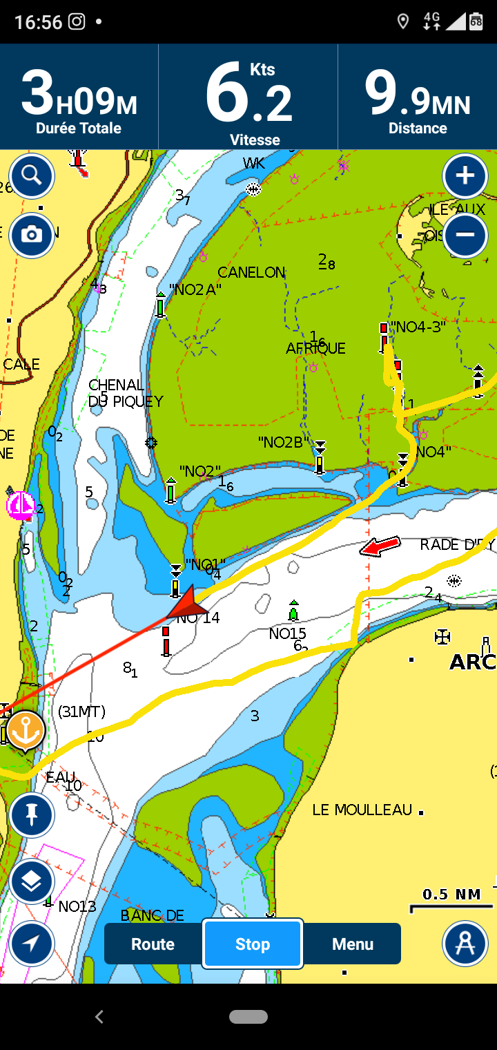 Screenshot de la route sur Navionics